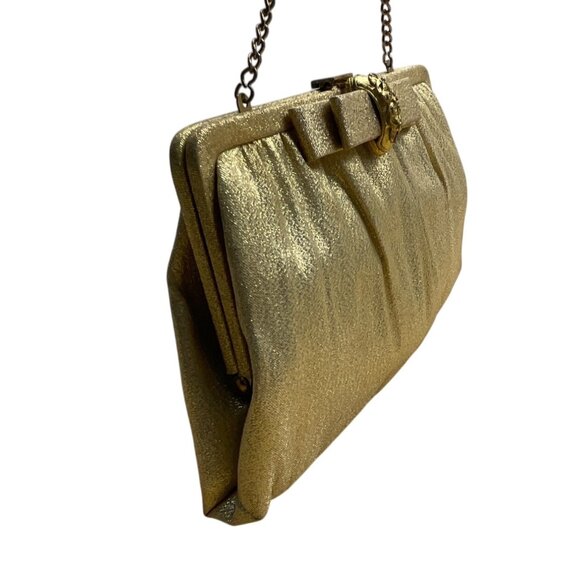 Vintage After Five Women’s Gold Mesh Chain Strap & Rhinestone Bow Accent Clutch - Picture 5 of 8